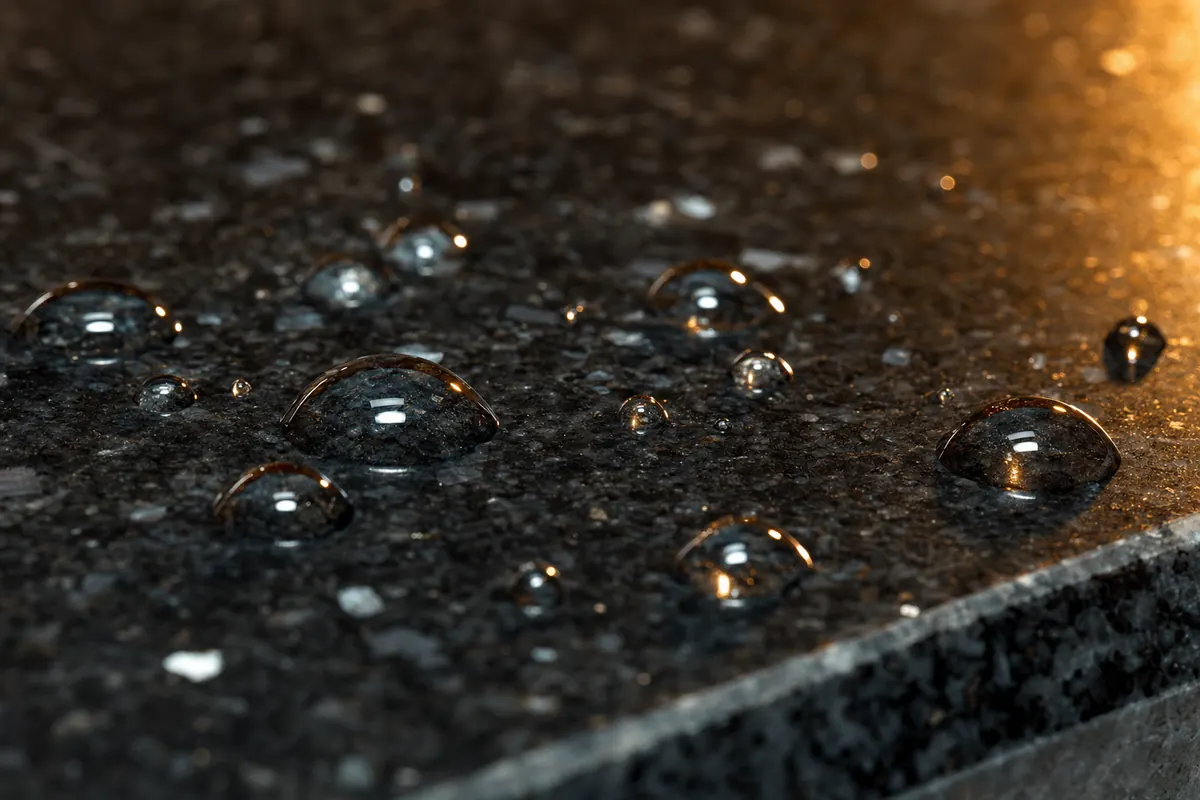 Water beading on a sealed dark granite countertop